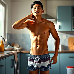 A 19-year-old Indonesian man with an athletic body, wearing swimming trunks, standing in a kitchen in the afternoon