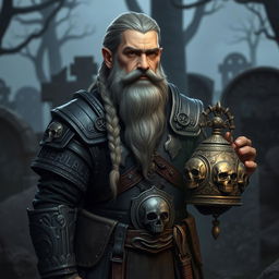 A young male hill dwarf with a stocky, muscular build and a calm, benevolent expression