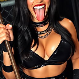 a close-up on the chest and torso of a gorgeous wrestler with lustrous black hair, wearing shiny black wrestling gear adorned with a collar and chains