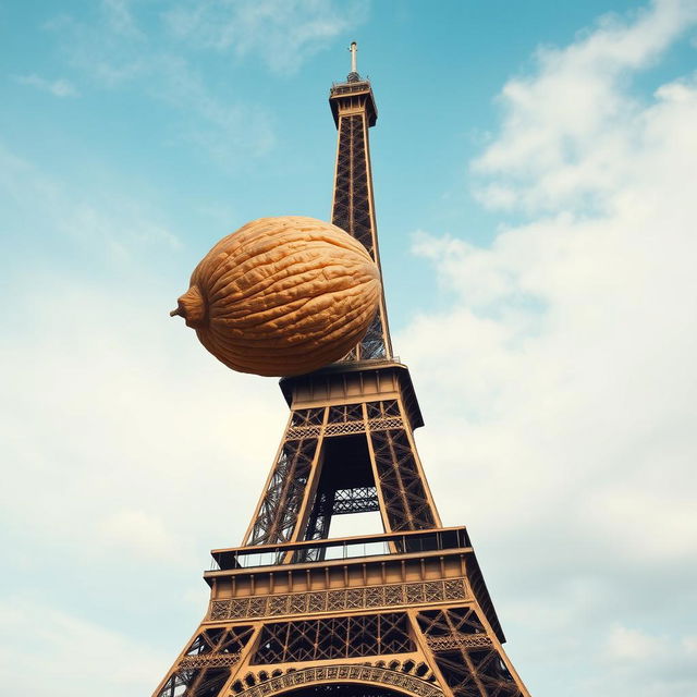 Eiffel Tower with a surreal twist: positioned above the top of this iconic Parisian landmark is a single gigantic hairy walnut