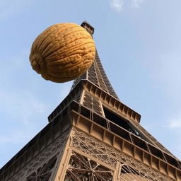 Eiffel Tower with a surreal twist: positioned above the top of this iconic Parisian landmark is a single gigantic hairy walnut