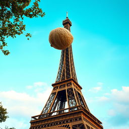 Eiffel Tower with a surreal twist: positioned above the top of this iconic Parisian landmark is a single gigantic hairy walnut