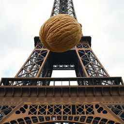 Eiffel Tower with a surreal twist: positioned above the top of this iconic Parisian landmark is a single gigantic hairy walnut