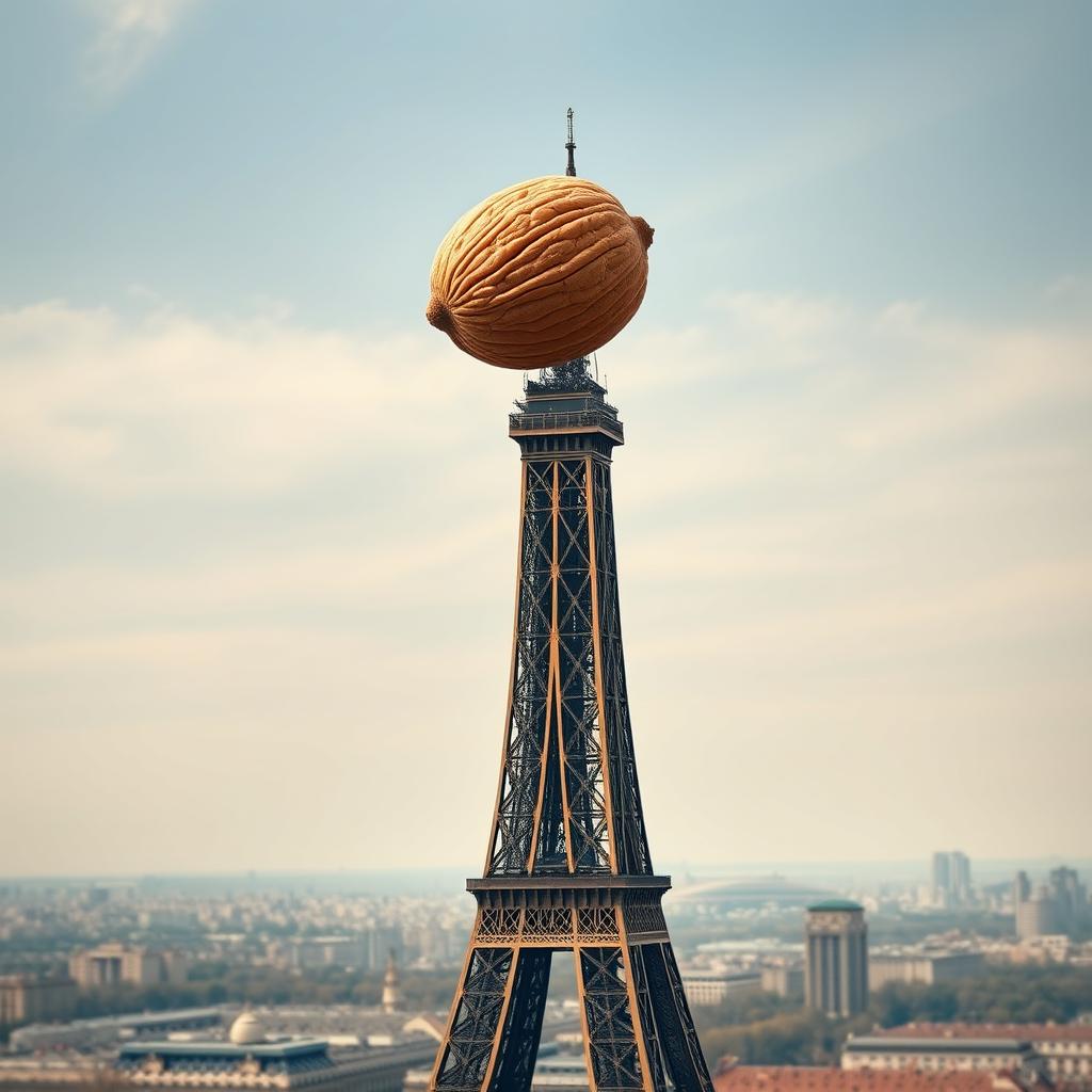 A surreal scene with the Eiffel Tower as the focal point, towering gracefully amid the Parisian skyline