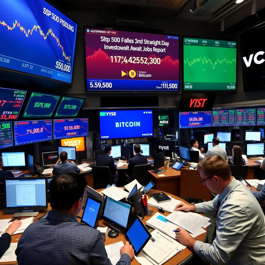 A busy trading floor with analysts closely monitoring various financial markets displays