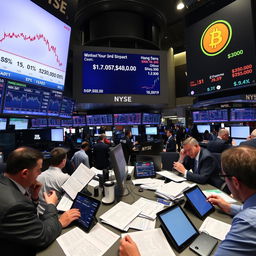 A busy trading floor with analysts closely monitoring various financial markets displays