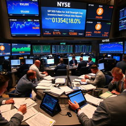 A busy trading floor with analysts closely monitoring various financial markets displays