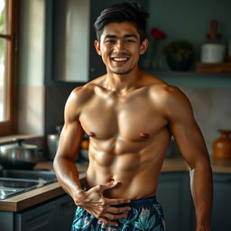 A 19-year-old Indonesian man with an athletic build, wearing swimming trunks, is in a kitchen during the afternoon