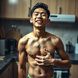 A 19-year-old Indonesian man with an athletic build, wearing swimming trunks, is in a kitchen during the afternoon