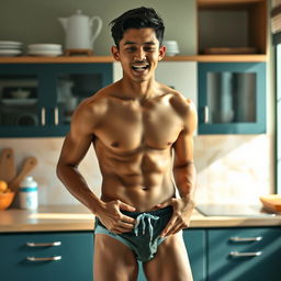 A 19-year-old Indonesian man with an athletic build, wearing swimming trunks, is in a kitchen during the afternoon