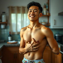 A 19-year-old Indonesian man with an athletic build, wearing swimming trunks, is in a kitchen during the afternoon