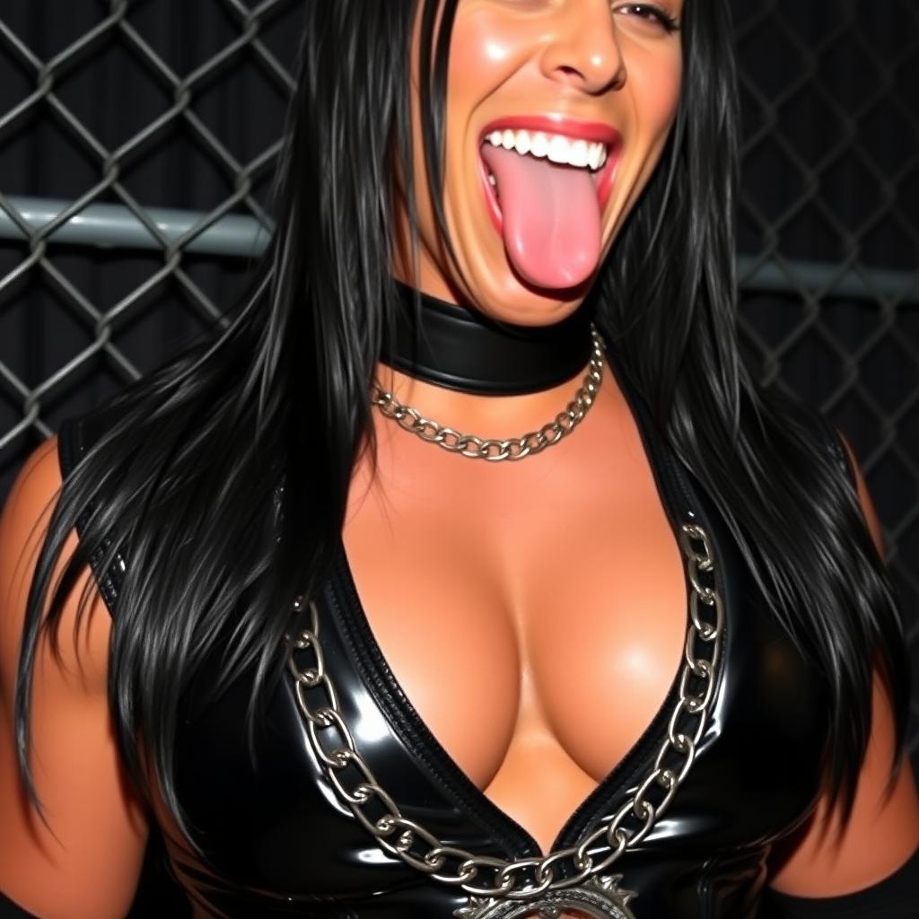 Close-up shot of a gorgeous wrestler with black hair, wearing shiny black wrestling gear with a ringed collar and lots of chains