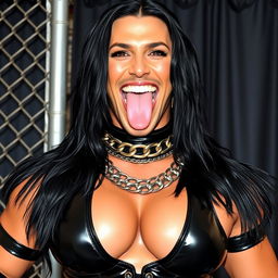 Close-up shot of a gorgeous wrestler with black hair, wearing shiny black wrestling gear with a ringed collar and lots of chains