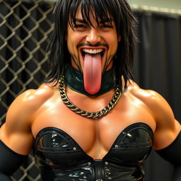 Close-up shot of a gorgeous wrestler with black hair, wearing shiny black wrestling gear with a ringed collar and lots of chains