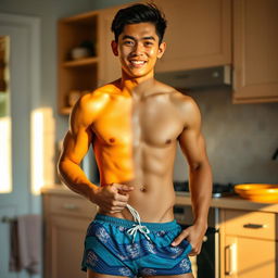 A 19-year-old Indonesian man with an athletic body, wearing swimming trunks, standing in a kitchen in the afternoon