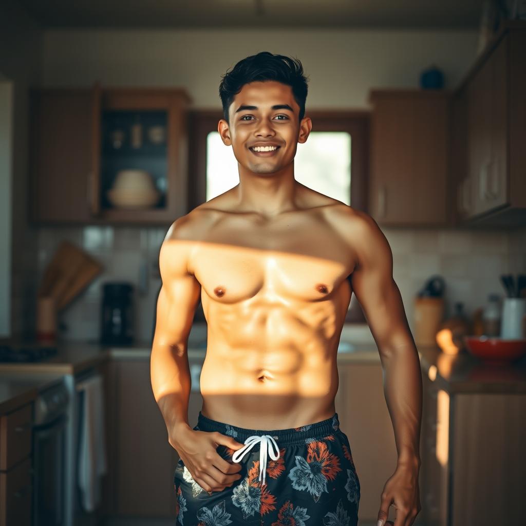 A 19-year-old Indonesian man with an athletic body, wearing swimming trunks, standing in a kitchen in the afternoon