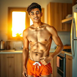 A 19-year-old Indonesian man with an athletic body, wearing swimming trunks, standing in a kitchen in the afternoon