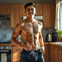 A 19-year-old Indonesian man with an athletic body, wearing swimming trunks, standing in a kitchen in the afternoon