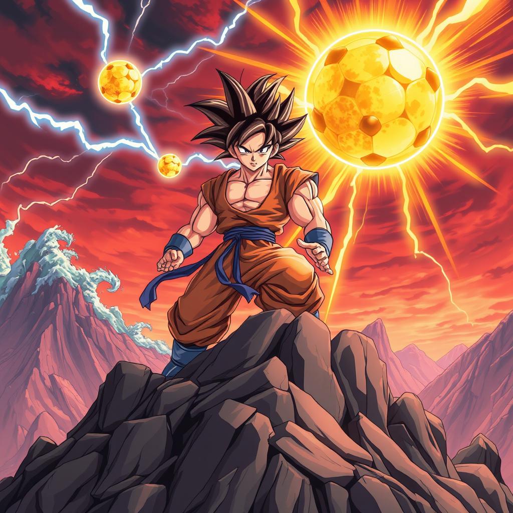 A striking anime poster showcasing a Dragon Ball theme, featuring a fierce Super Saiyan warrior poised for battle atop a rugged rocky terrain