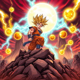 A striking anime poster showcasing a Dragon Ball theme, featuring a fierce Super Saiyan warrior poised for battle atop a rugged rocky terrain