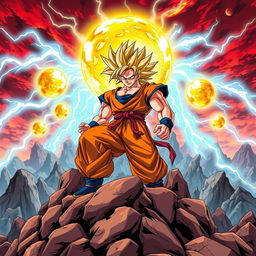 A striking anime poster showcasing a Dragon Ball theme, featuring a fierce Super Saiyan warrior poised for battle atop a rugged rocky terrain