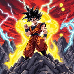 A striking anime poster showcasing a Dragon Ball theme, featuring a fierce Super Saiyan warrior poised for battle atop a rugged rocky terrain