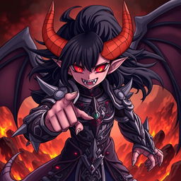 A demon character in an anime style, featuring sharp fangs, glowing red eyes, and dark, flowing hair