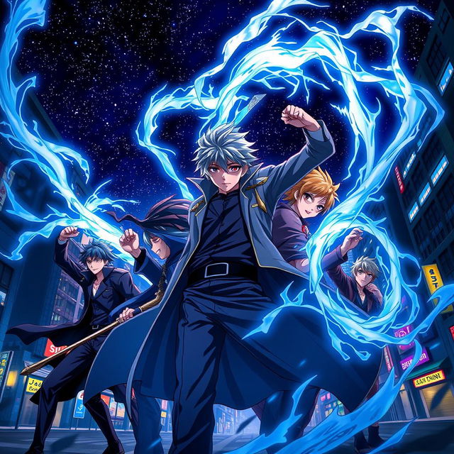 A captivating anime poster inspired by Jujutsu Kaisen, featuring a dynamic group of sorcerers mid-action against a backdrop of a bustling urban city at night