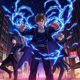 A captivating anime poster inspired by Jujutsu Kaisen, featuring a dynamic group of sorcerers mid-action against a backdrop of a bustling urban city at night