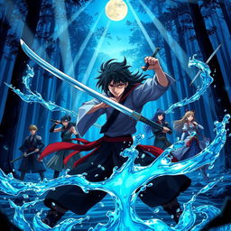 A breathtaking anime poster inspired by Demon Slayer, featuring the determined protagonist wielding a katana with water breathing techniques, surrounded by vividly depicted water elements forming mesmerizing patterns