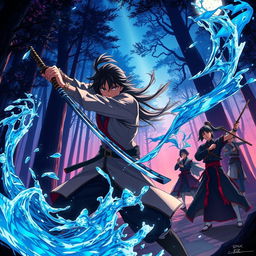 A breathtaking anime poster inspired by Demon Slayer, featuring the determined protagonist wielding a katana with water breathing techniques, surrounded by vividly depicted water elements forming mesmerizing patterns