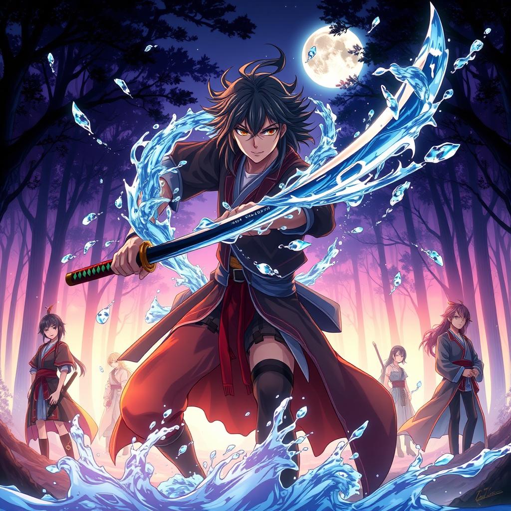 A breathtaking anime poster inspired by Demon Slayer, featuring the determined protagonist wielding a katana with water breathing techniques, surrounded by vividly depicted water elements forming mesmerizing patterns