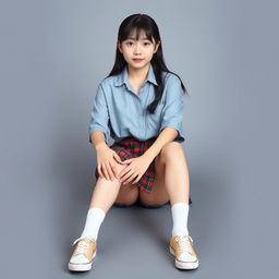 Portrait of a Korean schoolgirl sitting in a playful position