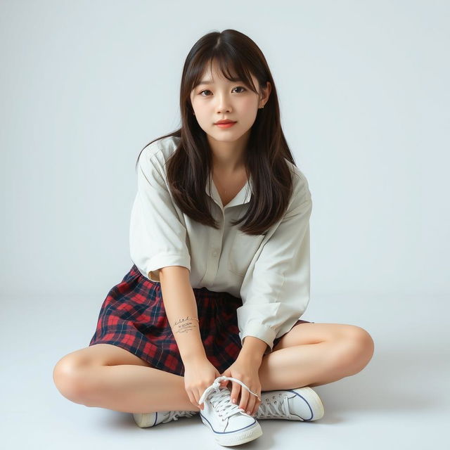 Portrait of a Korean schoolgirl sitting in a playful position