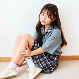 Portrait of a Korean schoolgirl sitting in a playful position