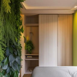 A modern bedroom featuring a green designer wall, an integrated wall study table, warm yellow lighting, a bed with a hanging canopy, a wooden sliding wardrobe, and a window showcasing lush greenery