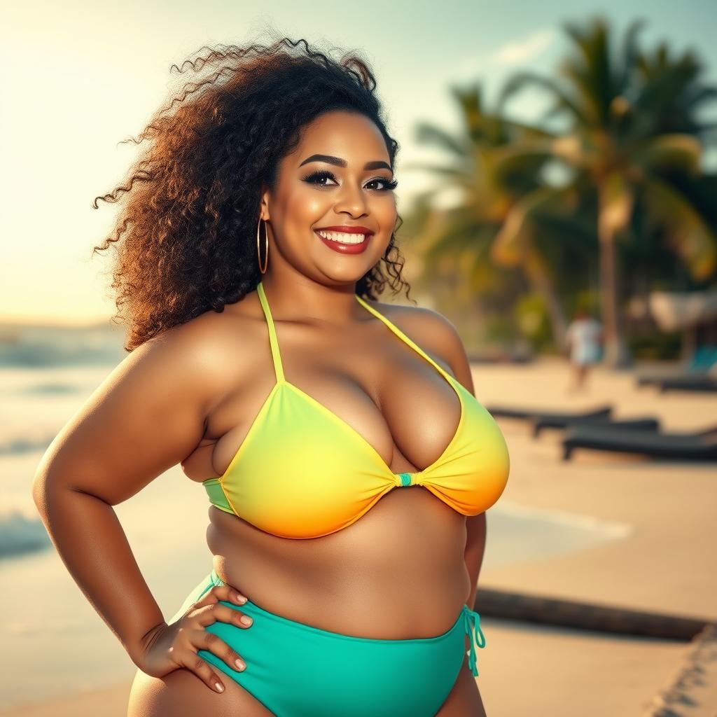 A curvy and confident woman posing gracefully in a stylish bikini, emphasizing body positivity and self-assurance