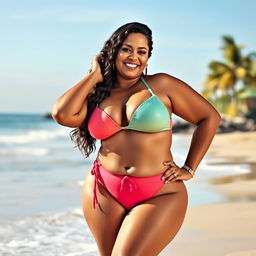 A curvy and confident woman posing gracefully in a stylish bikini, emphasizing body positivity and self-assurance