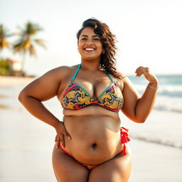 A curvy and confident woman posing gracefully in a stylish bikini, emphasizing body positivity and self-assurance