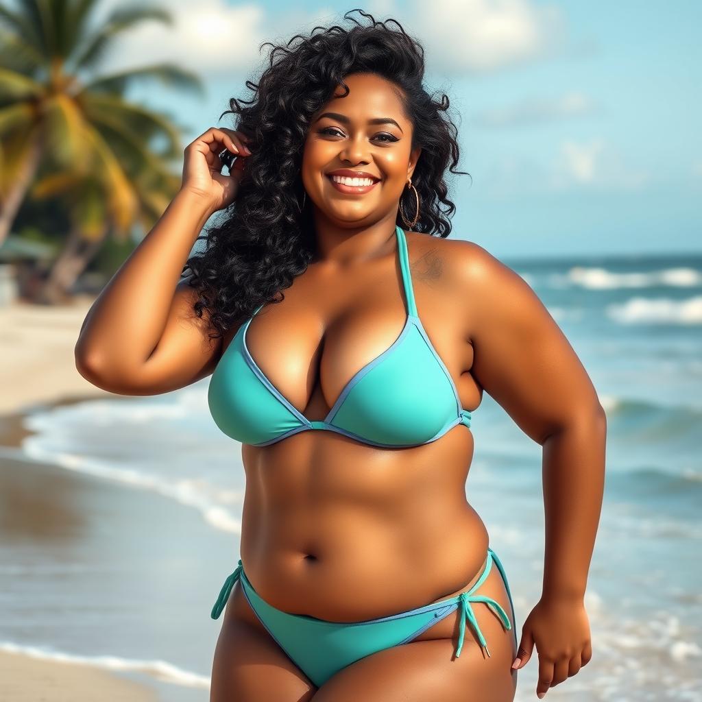 A curvy and confident woman posing gracefully in a stylish bikini, emphasizing body positivity and self-assurance