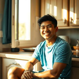 A 19-year-old Indonesian man with an athletic body, sitting and leaning against the kitchen cupboard with a facial expression of relief and happiness