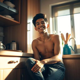 A 19-year-old Indonesian man with an athletic body, sitting and leaning against the kitchen cupboard with a facial expression of relief and happiness