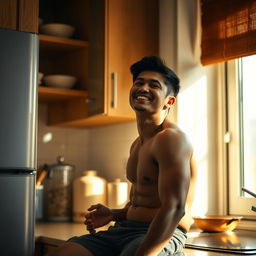 A 19-year-old Indonesian man with an athletic body, sitting and leaning against the kitchen cupboard with a facial expression of relief and happiness