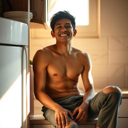 A 19-year-old Indonesian man with an athletic body, sitting and leaning against the kitchen cupboard with a facial expression of relief and happiness