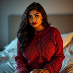 A voluptuous and alluring Indian woman with large breasts, posed seductively on a bed