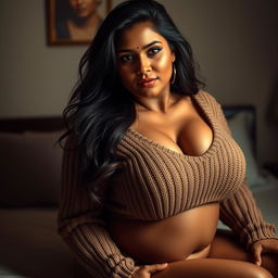 A voluptuous and alluring Indian woman with large breasts, posed seductively on a bed