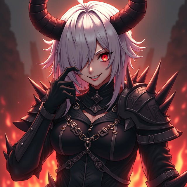 A demon character in an anime style, featuring sharp fangs, glowing red eyes, and dark, emo-style white hair covering one eye