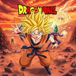 Epic anime poster featuring iconic Dragon Ball theme, showcasing Goku in his Super Saiyan form with vibrant yellow hair and intense blue eyes, performing a powerful Kamehameha wave