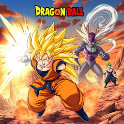 Epic anime poster featuring iconic Dragon Ball theme, showcasing Goku in his Super Saiyan form with vibrant yellow hair and intense blue eyes, performing a powerful Kamehameha wave