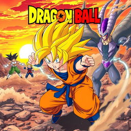 Epic anime poster featuring iconic Dragon Ball theme, showcasing Goku in his Super Saiyan form with vibrant yellow hair and intense blue eyes, performing a powerful Kamehameha wave